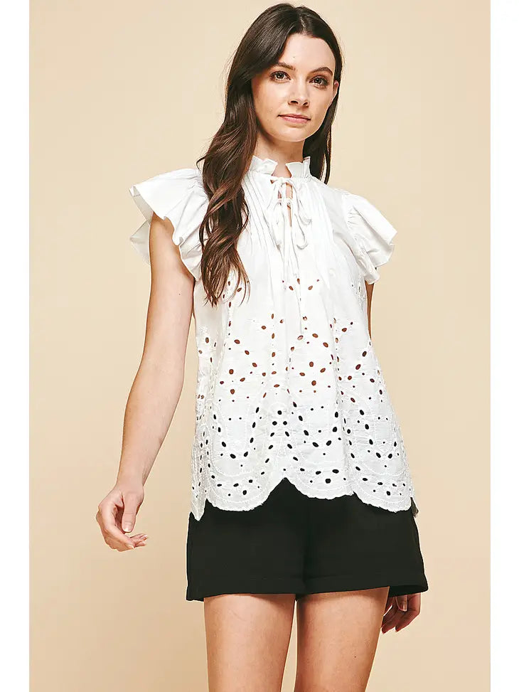 Embroidery Ruffle Top - White