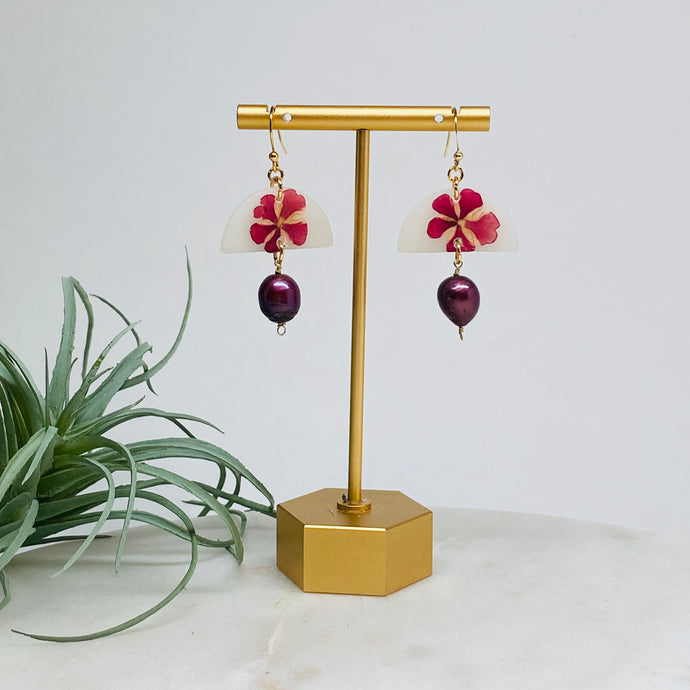 Becca Earrings - Maroon Verbena with Cultured Pearl