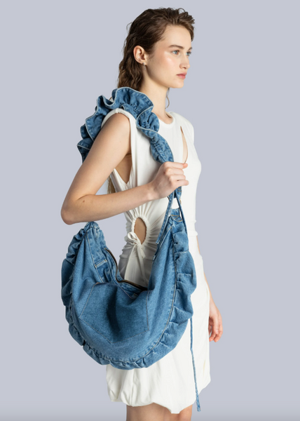 Ruffle Denim Crossbody Bag - Light Wash