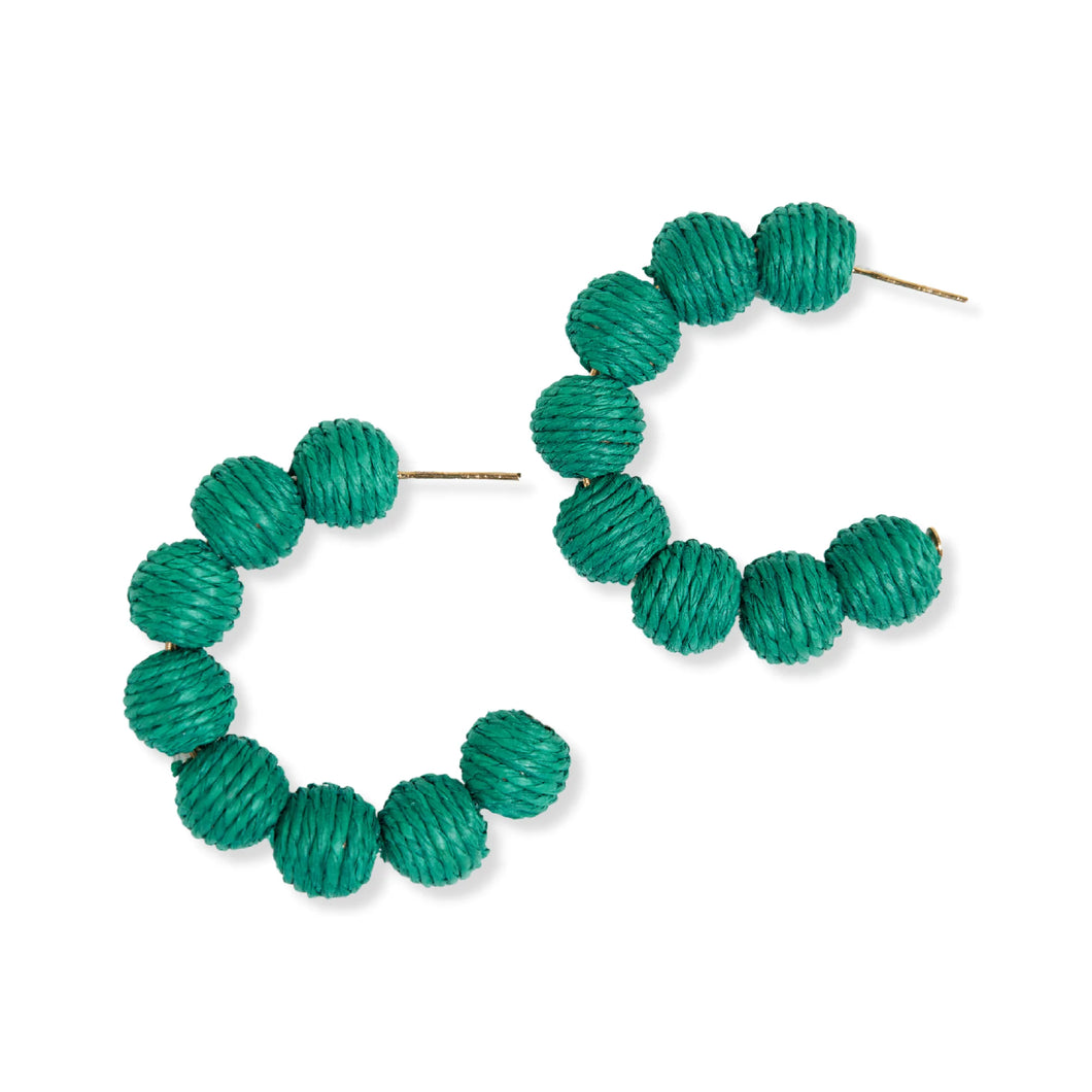 Raffia Ball Wrapped Earrings - Green