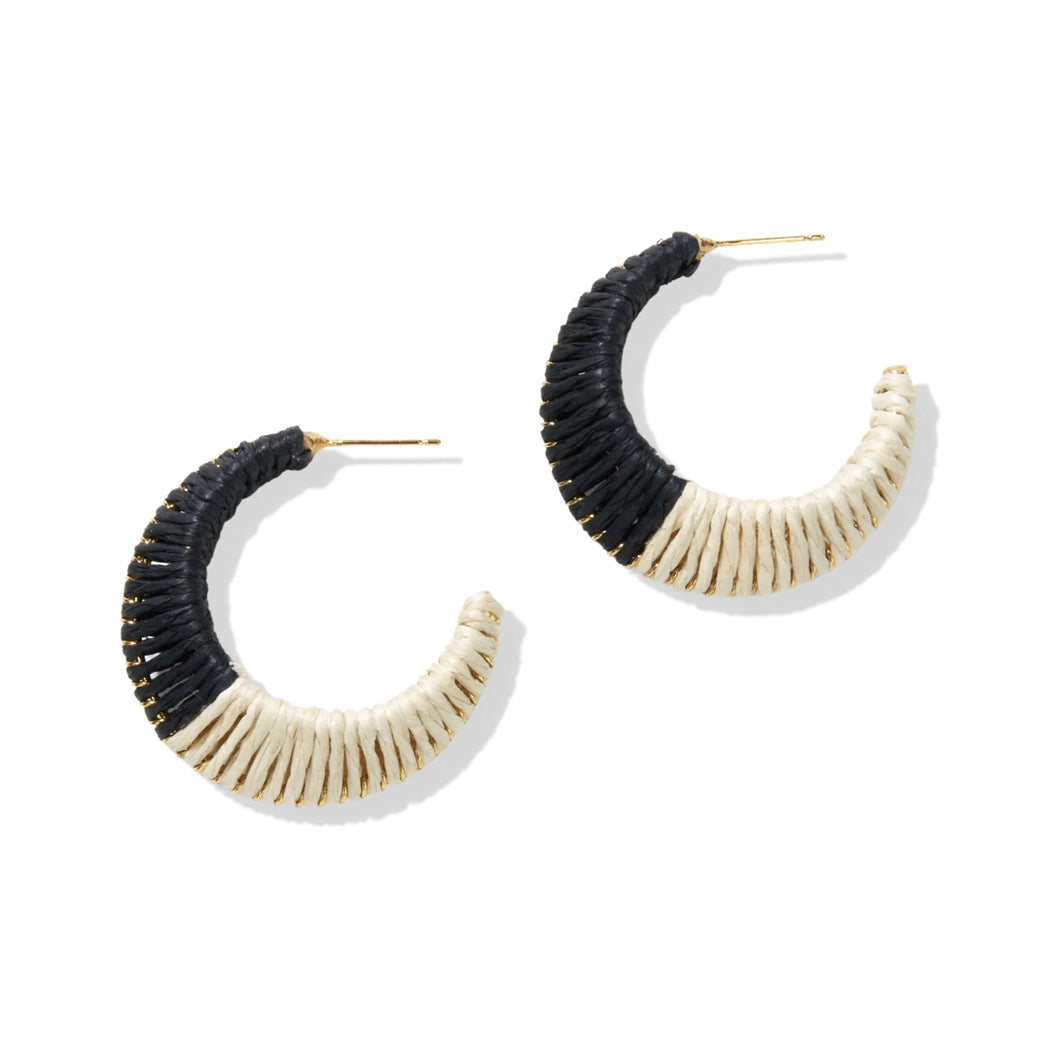 Raffia Color Block Hoop Earrings - Black/Ivory