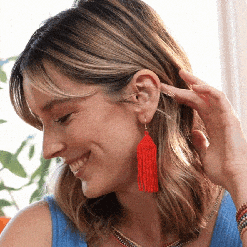 Beaded Fringe Earrings - Tomato Red